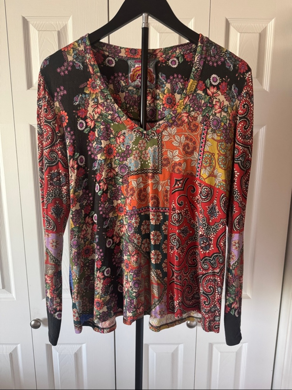 Johnny Was Multicolor Mixed Floral Paisley V-Neck Long Sleeve Top